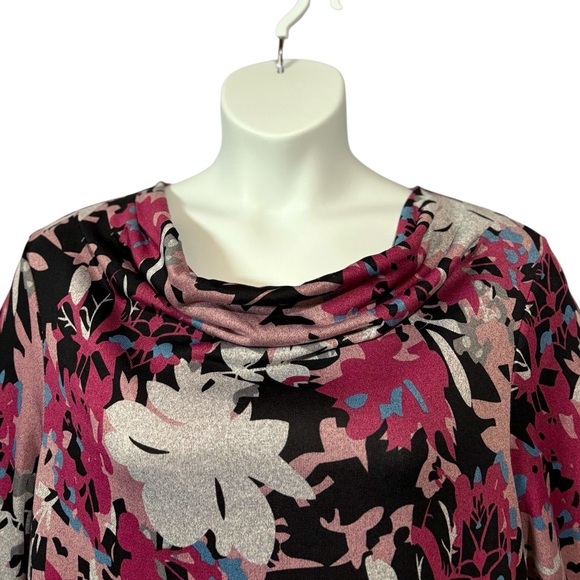 Claire France, Plus Size Floral Cowl Neck Top, 1X, Pink, Black, Silver - Picture 7 of 9